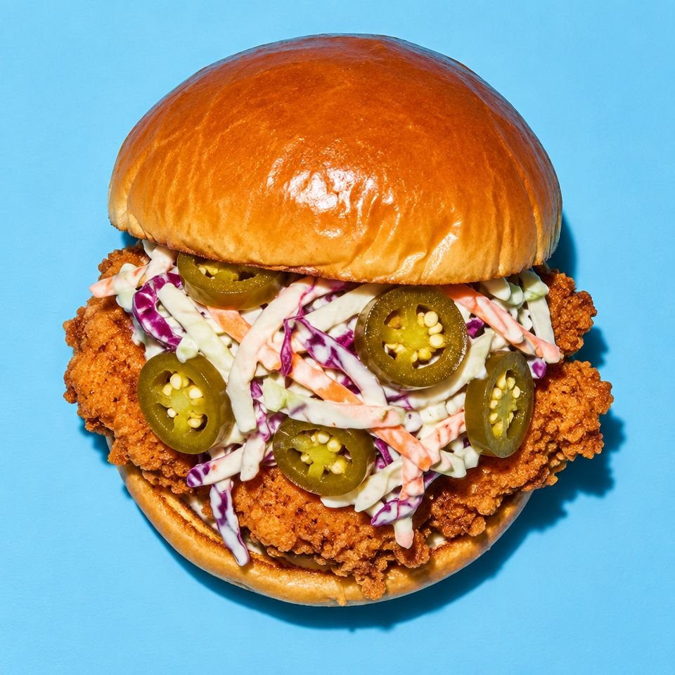 Hamburguesa de pollo crujiente con col y jalapeños