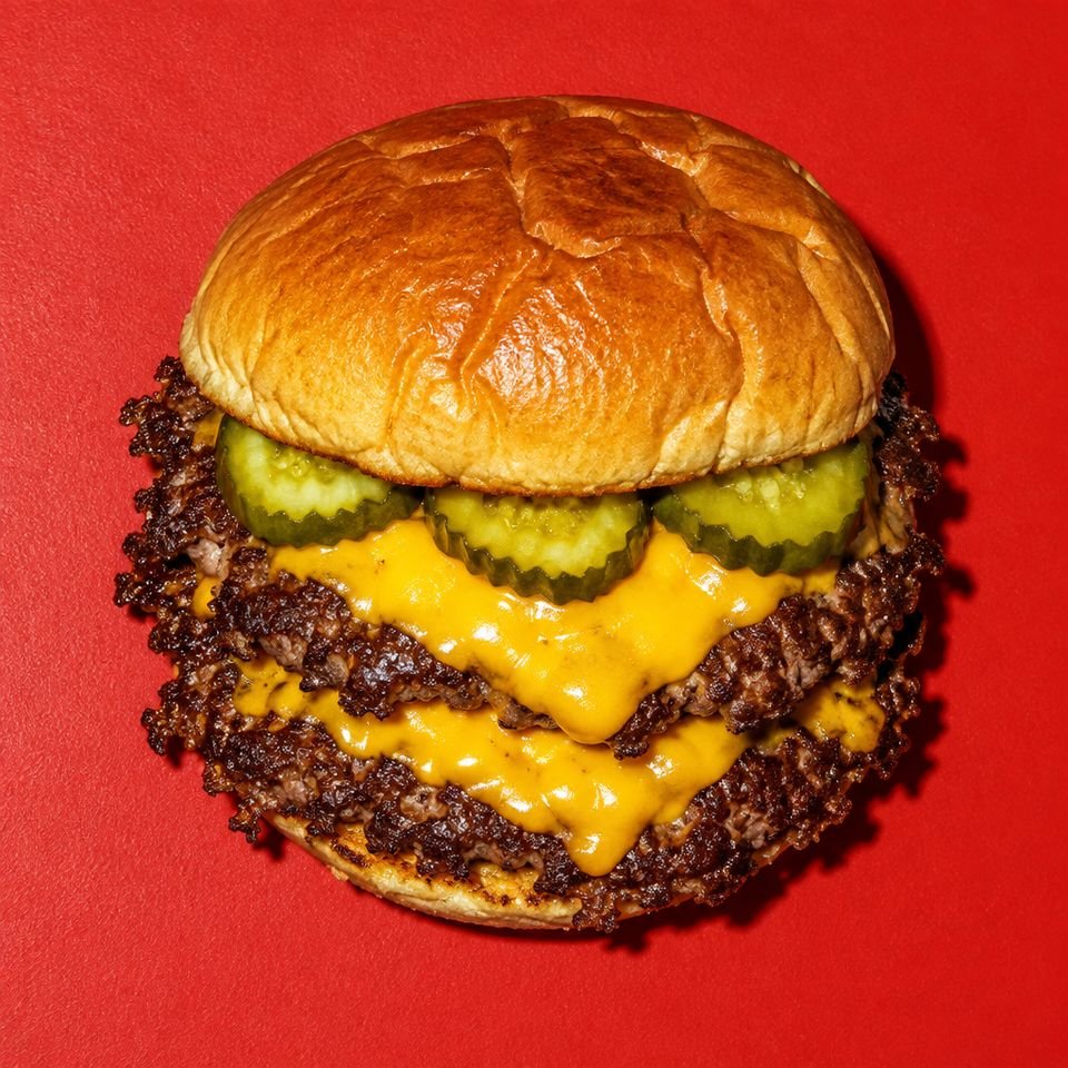 Doble smash con cheddar y pepinillos sobre fondo rojo