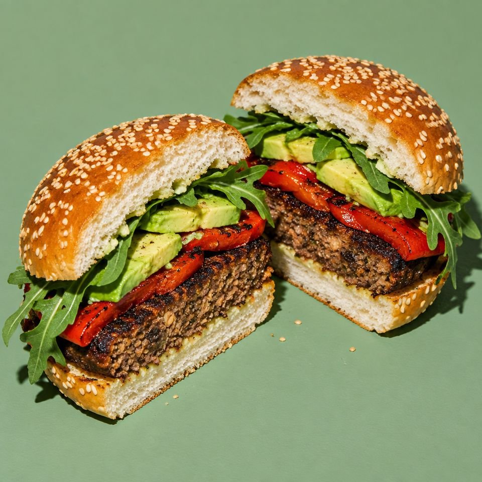 Hamburguesa vegetal Verda partida por la mitad
